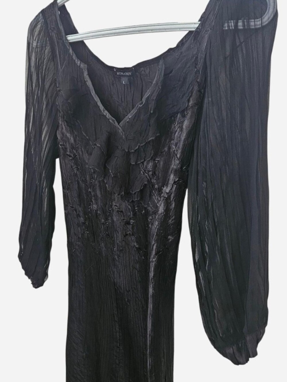 Komarov Black Crinkle Chiffon Maxi Dress Layered Ruffle Gothic Witchy Size L